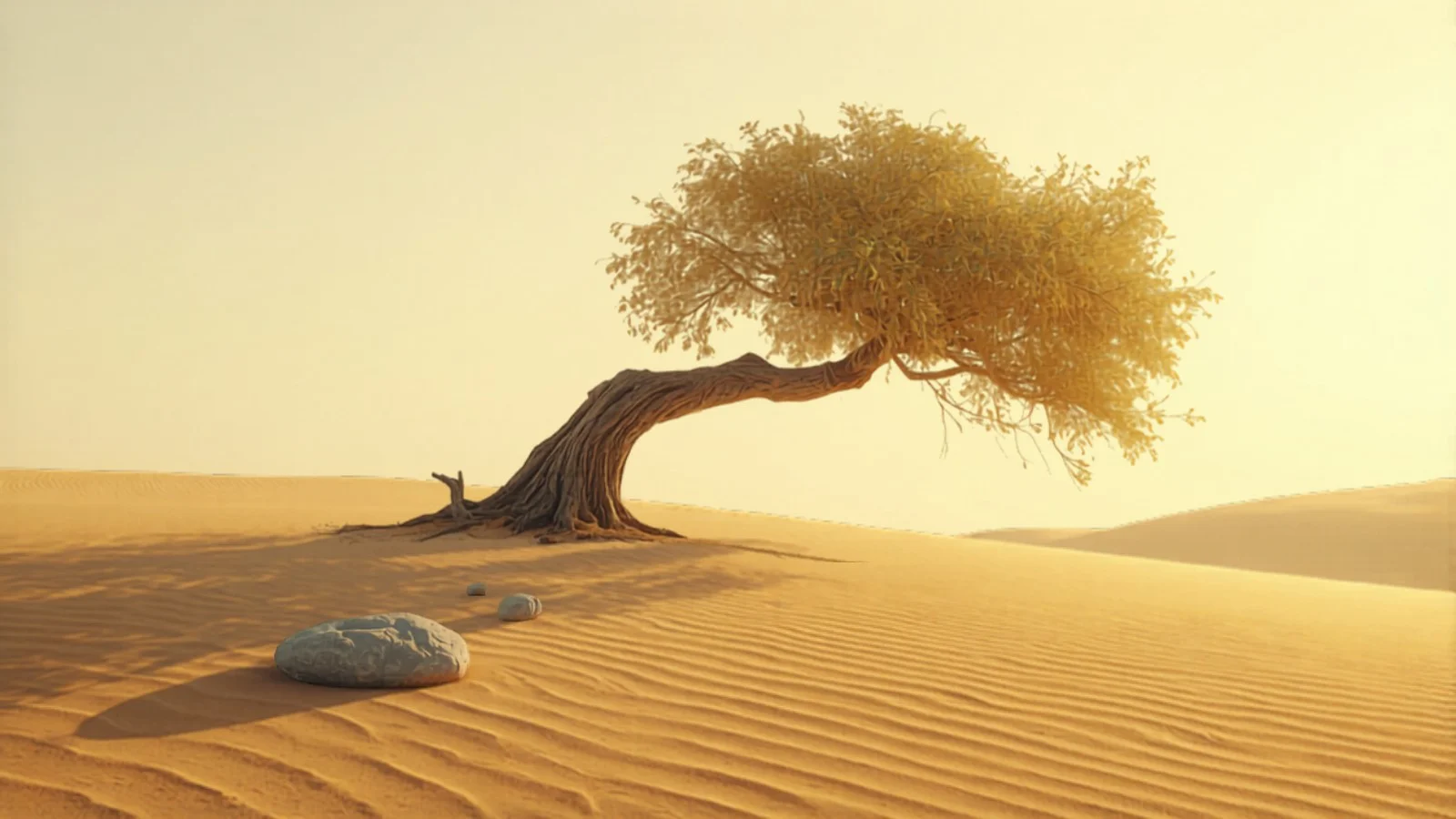 Einzelner Baum auf weiter Sandfläche im warmen Abendlicht