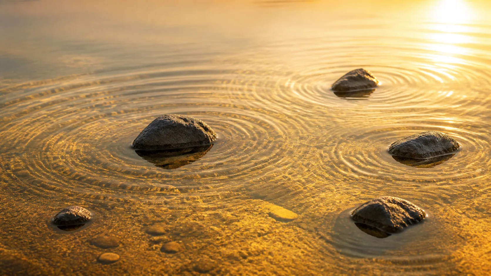 Wellen um mehrere Steine in goldenem Wasser als Sinnbild für Zuhören in Veränderungsprozessen