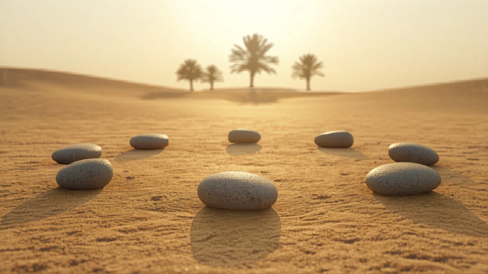 Kreis aus sieben gleichgroßen Steinen auf Sand mit Bäumen am Horizont